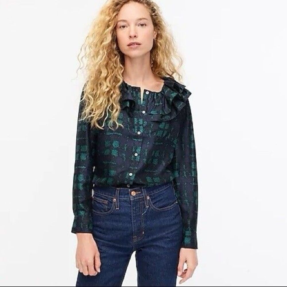 J.Crew Collection Silk Twill Ruffle Collar Top Plaid Dark Spruce EUC Feminine